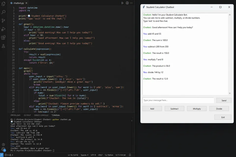 Python chatbot and calculator student project screenshot