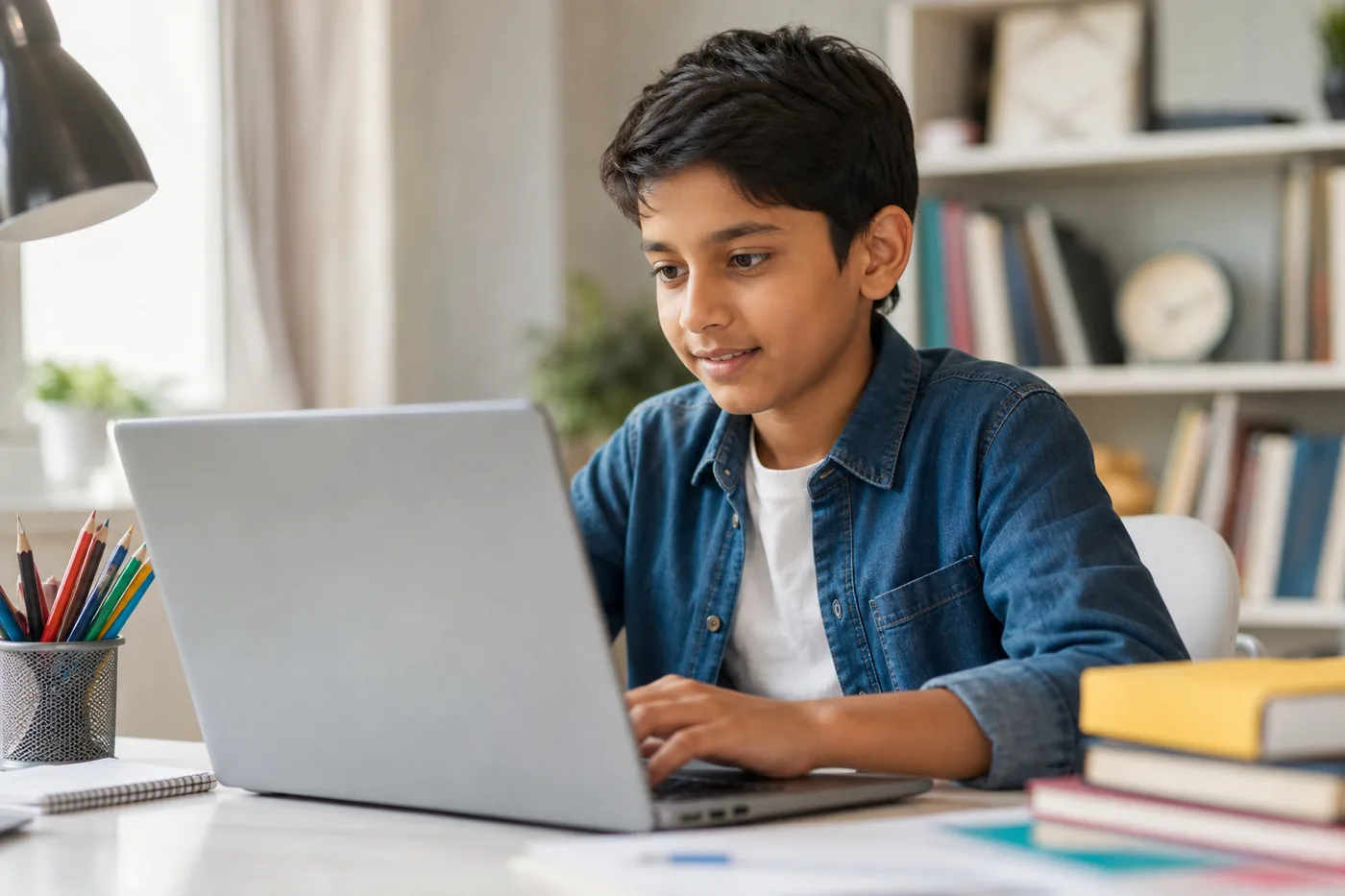 Child in a live online coding class with a mentor on a laptop Child in a live online coding class with a mentor on a laptop