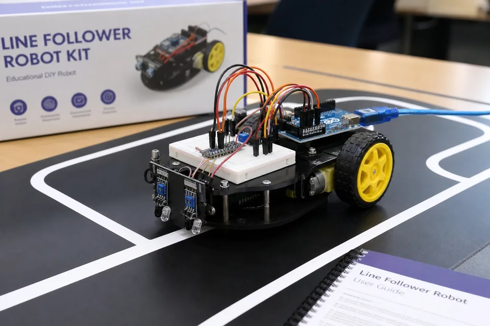 Line-following robot on a black track for kids robotics learning