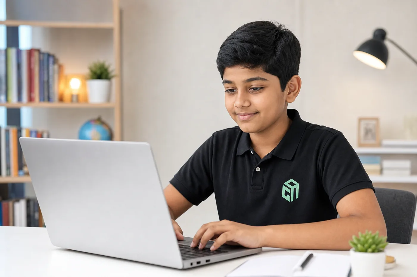 GeekashramJr student in black Geekashram polo learning on a laptop at a home study desk GeekashramJr student in black Geekashram polo learning on a laptop at a home study desk